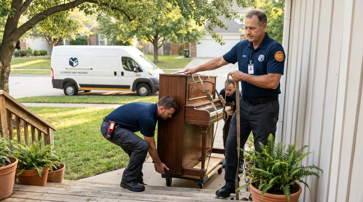 Licensed piano movers securing grand piano in Maxton, NC