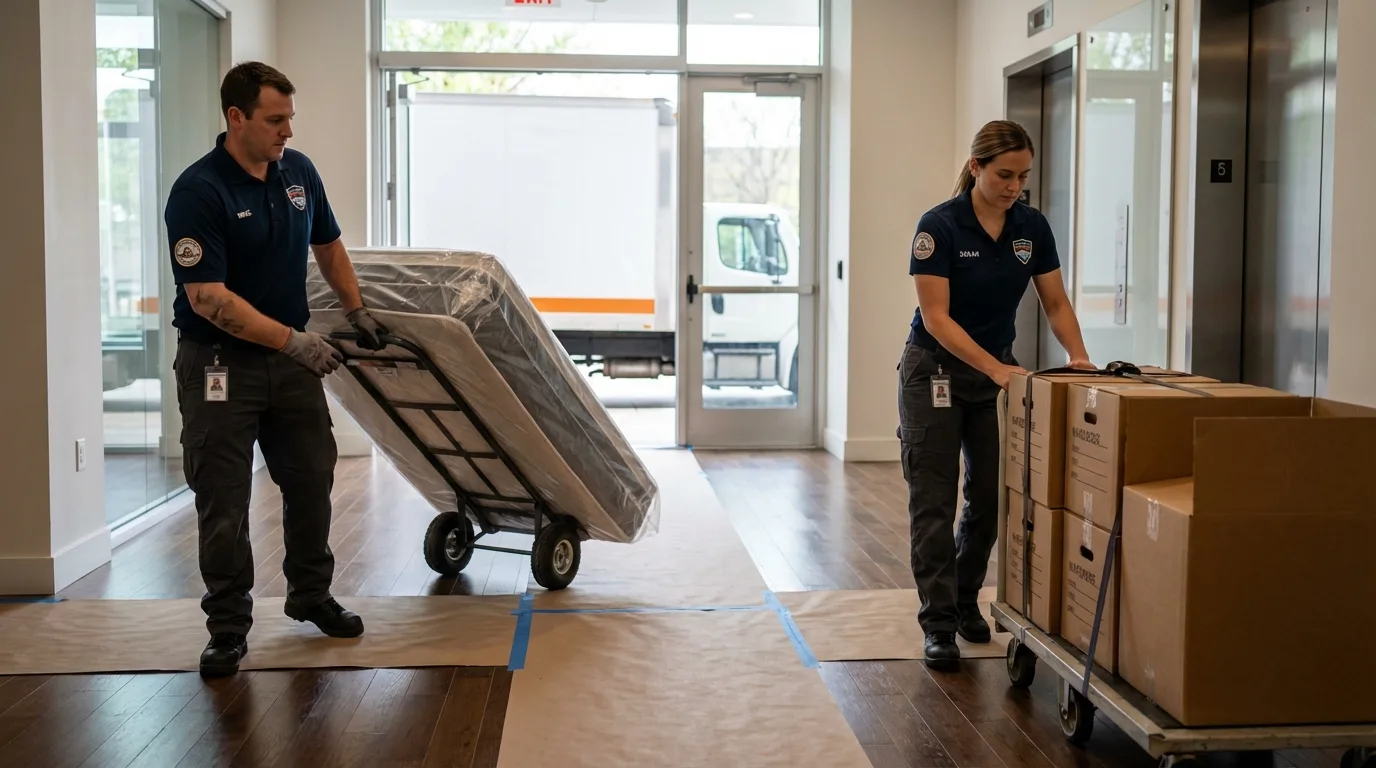 Professional apartment movers loading elevator in Maxton, NC